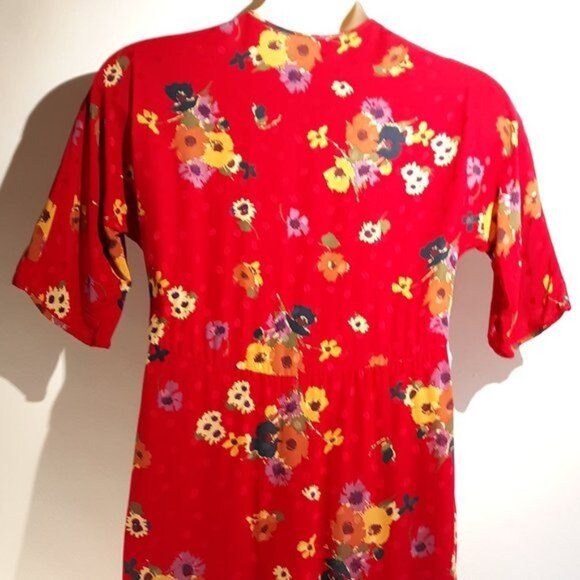 Robert Janan Dress Silk Red Floral Wrap Shirtdress Vtg - Picture 3 of 8